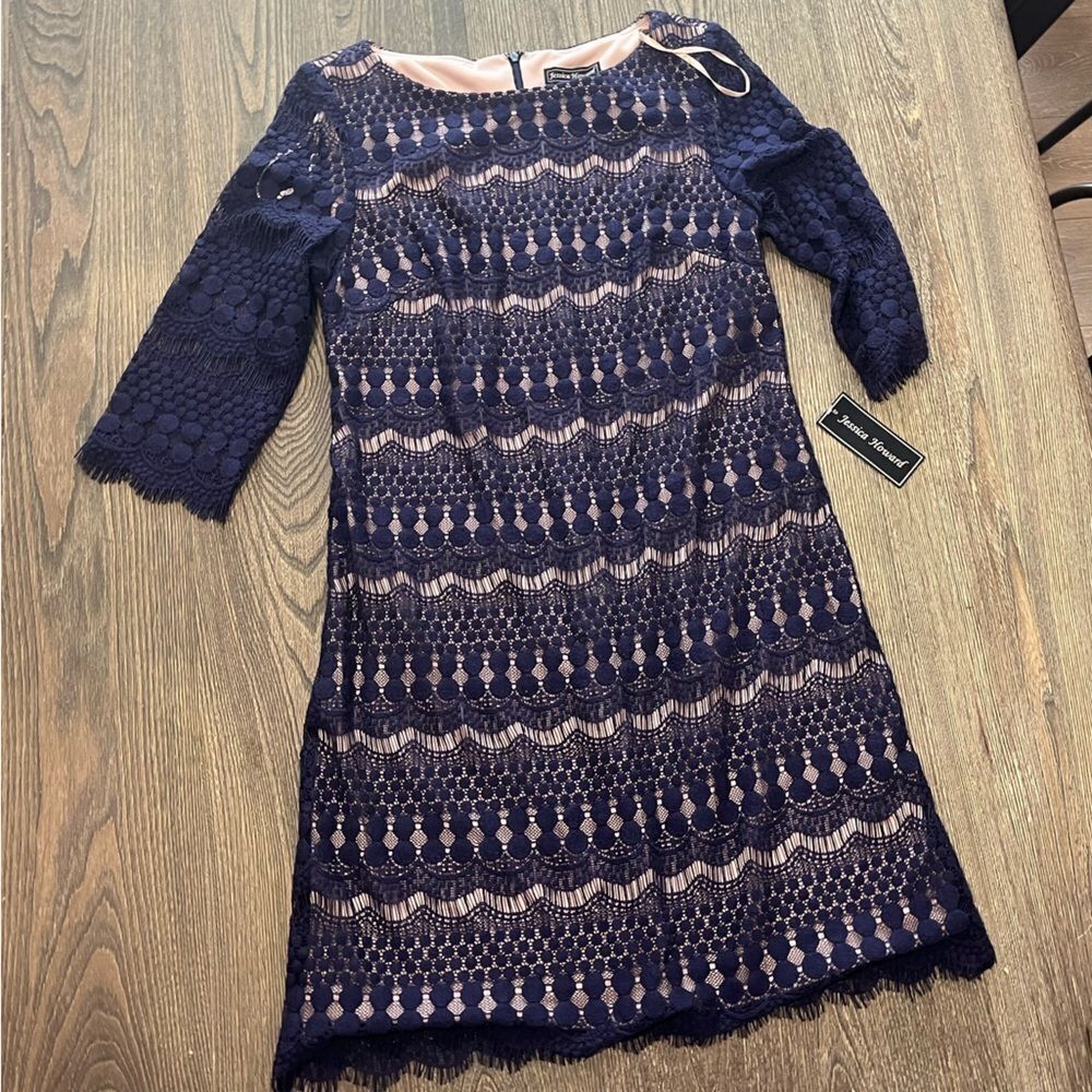NWT Jessica Howard Three Quarter Sleeve Crochet Lace Shift Dress Navy Size 12